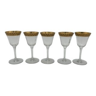 1980s Tiffin-Franciscan Laurel Cordials Stemware Gold Encrusted Band- Set of 5 For Sale