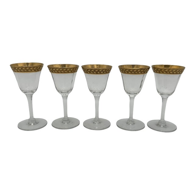 1980s Tiffin-Franciscan Laurel Cordials Stemware Gold Encrusted Band- Set of 5 For Sale