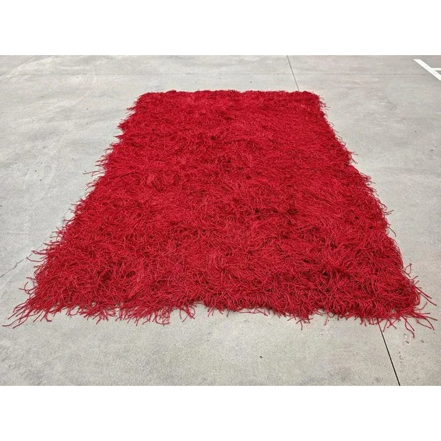 In this listing you will find a spectacular postmodern Spaghetti rug, featuring extra long threads making a lush effect....