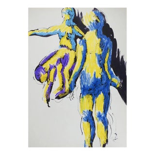 Late 20th Century Abstract Blue Yellow Nude Figures Painting For Sale