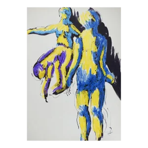 Late 20th Century Abstract Blue Yellow Nude Figures Painting