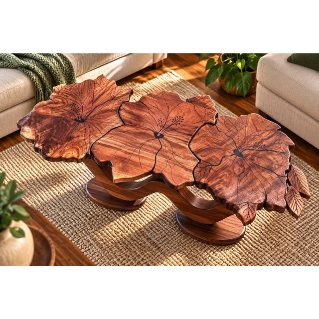 Presenting the "Triple Hibiscus & Hummingbird" coffee table—a masterwork of sculptural studio furniture designed and...