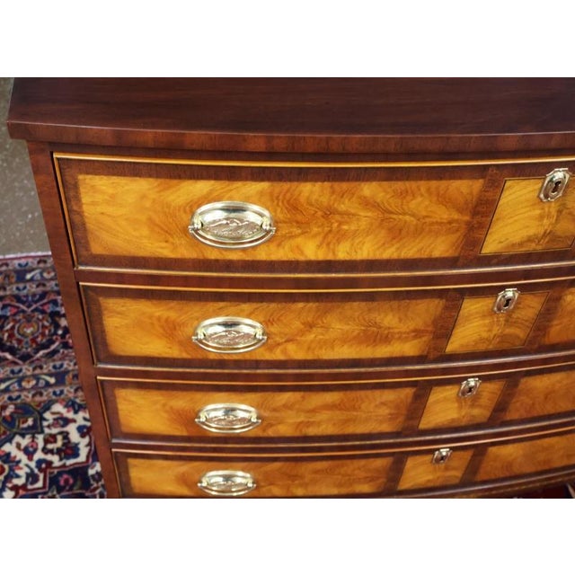 1990s Henkel Harris Mahogany & Flame Birch Inlaid Rogers Bowfront Dresser Chest For Sale - Image 11 of 17