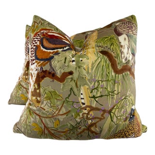 Lee Jofa “Game Birds Velvet” in Stone/Multi 22”Pillows-A Pair For Sale
