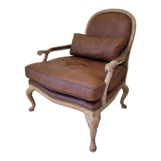 French Louis XV Revival Leather Fauteuil Lounge Chair With Pierced Fretwork Back For Sale