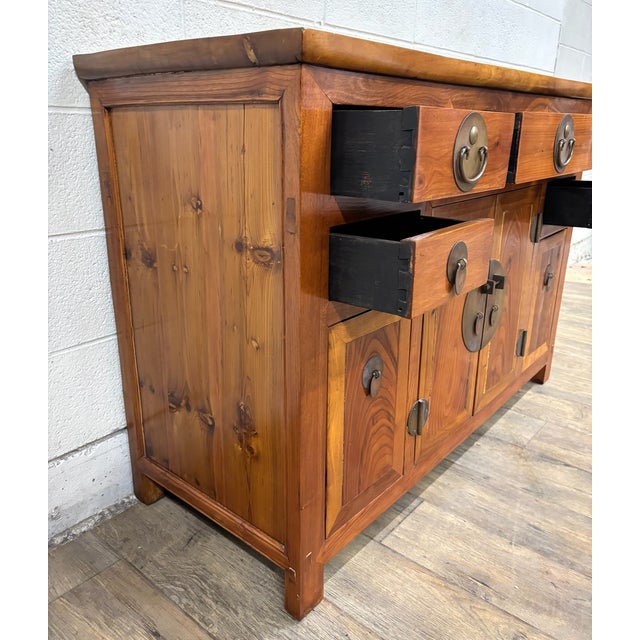 Brown Vintage Qing Style Chinese Elm Sideboard Buffet Credenza For Sale - Image 8 of 18