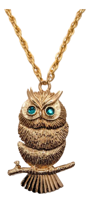 Vintage Signed Napier Goldtone & Faux-Emerald Articulated Owl Pendant Necklace