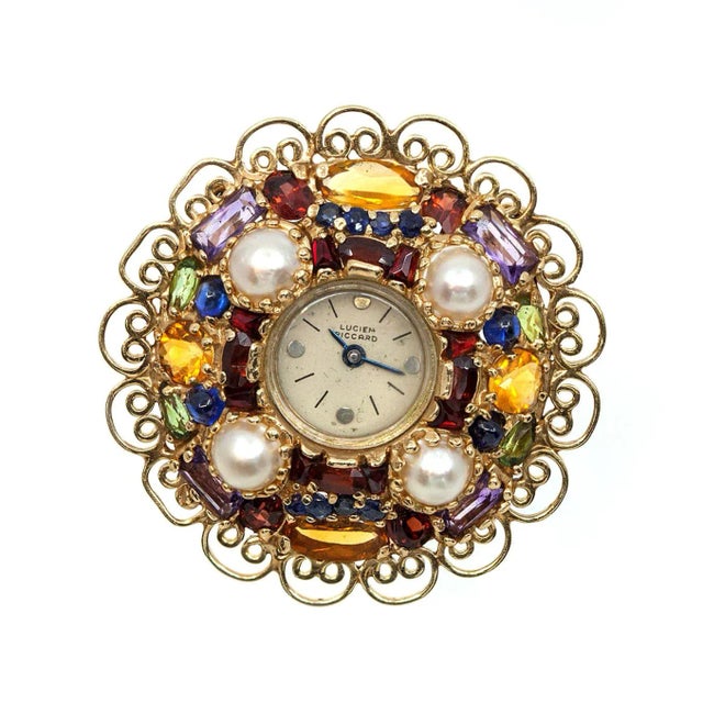 1950s Vintage Lucien Piccard 14k Pearl Multi-Color Gemstone Watch Brooch For Sale In New York - Image 6 of 12