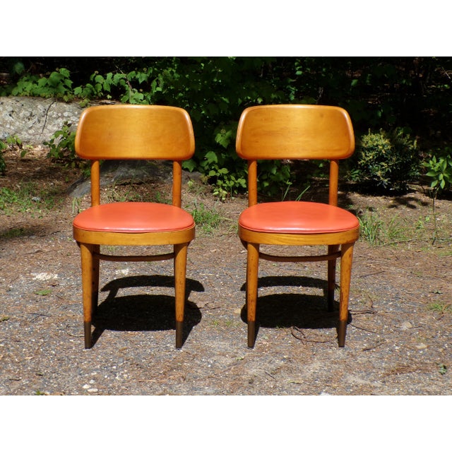 Vintage Pair Mid Century Modern Bentwood Bistro Chairs by Thonet. Features iconic curved frames, with sculpted curved...