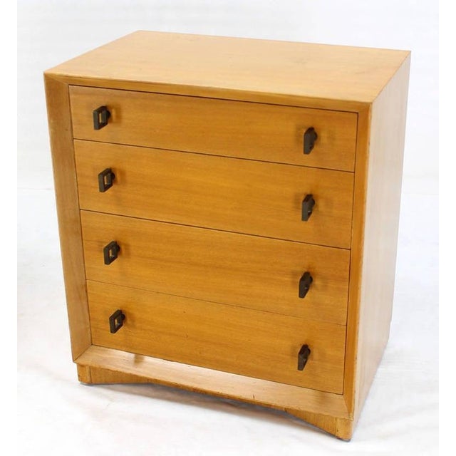 Very nice pair of vintage mid century modern design bachelor chests with heavy geometrical solid brass pulls. Both chests...