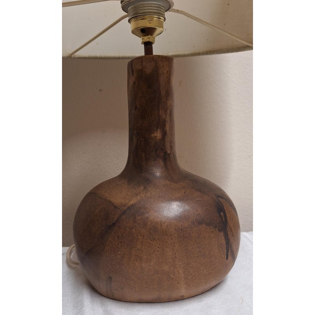 Brown Vintage Table Lamp with Handmade Ceramic Base and Cream White Fabric Shade, 1970s For Sale - Image 8 of 9