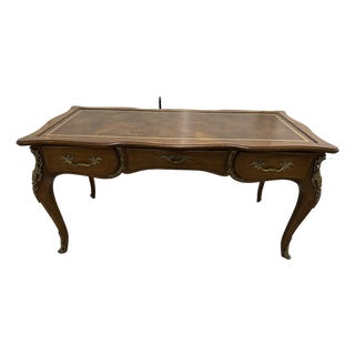 Vintage Karges French Provincial Walnut Executive Writing Desk With Embossed Leather Top For Sale