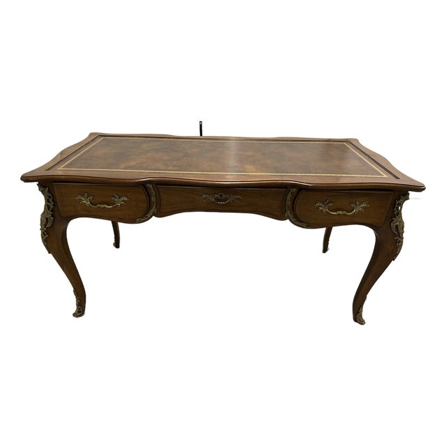 Vintage Karges French Provincial Walnut Executive Writing Desk With Embossed Leather Top For Sale