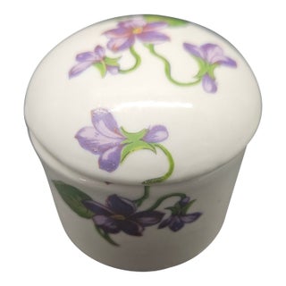 Vintage Small Covered Pill/Trinket Jar/Jewelry Box With Purple Violets For Sale