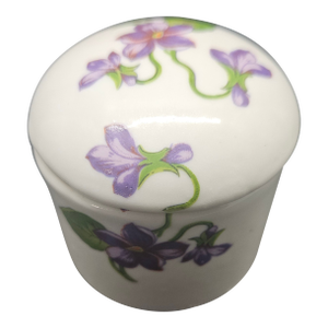 Vintage Small Covered Pill/Trinket Jar/Jewelry Box With Purple Violets