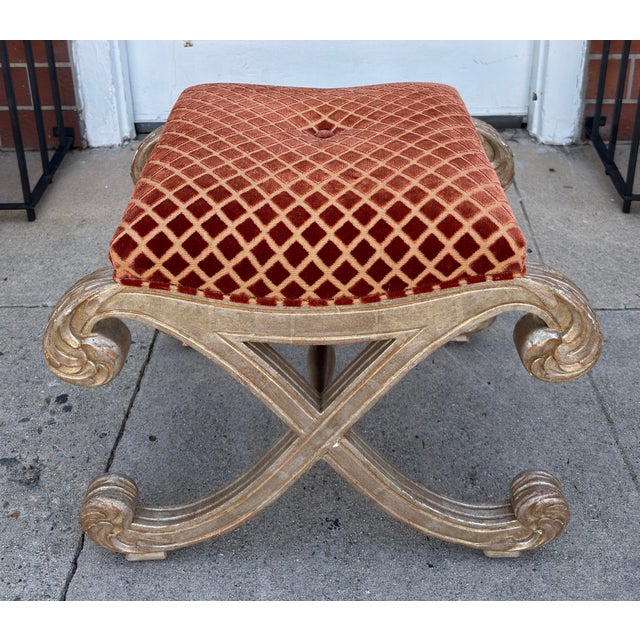 Nancy Corzine Saber Leg Giltwood X Bench W Red Silk Cut Velvet Fabric.