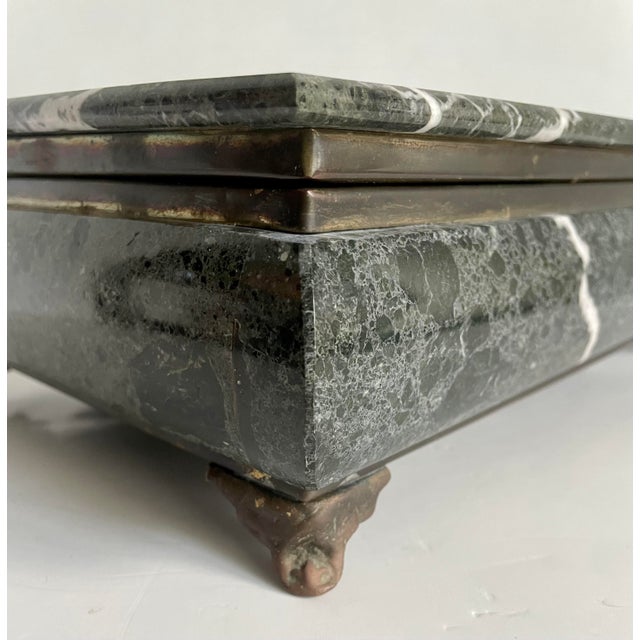 Mid 20th Century Mid-20th Century Green Marble Hinged Box With Brass Mounts & Black Felt Lining For Sale - Image 5 of 12