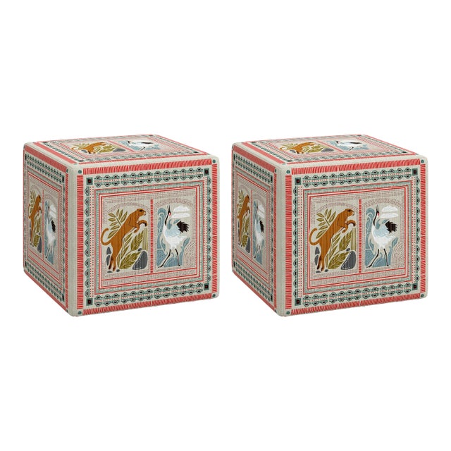 Cube Ottoman in Fauna Multi, Set of 2 For Sale