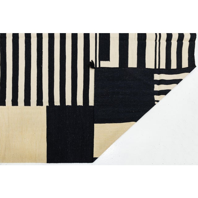 Native American Modern Navajo-Style Hand-Knotted Wool Rug – Black & Cream Graphic Geometric For Sale - Image 3 of 12
