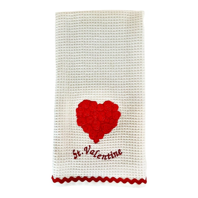 Vintage Hollywood Regency Waffle St. Valentine Kitchen Towel With Roses Heart. For Sale