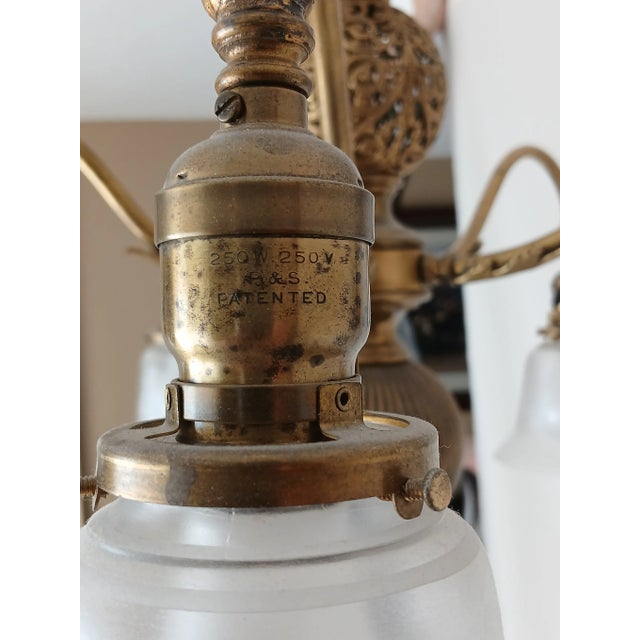 Antique Steuben Style Brass 5-Armed Chandelier For Sale - Image 15 of 16