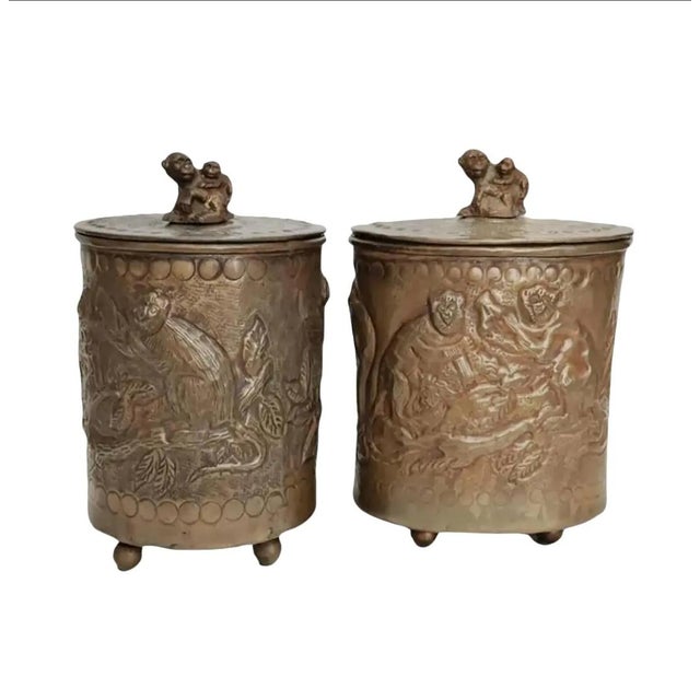 1990s Castilian Imports Brass Embossed Monkey Canisters- Set of 2 For Sale - Image 10 of 10