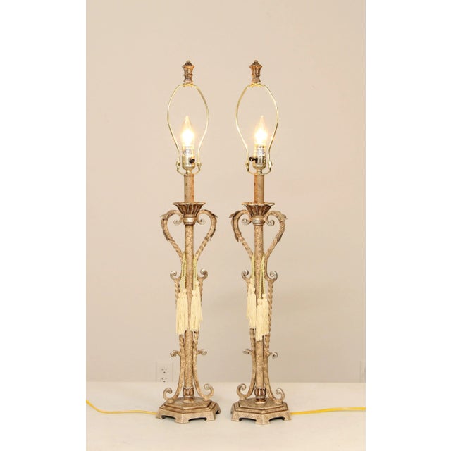 Traditional Distressed Painted Finish Pair Wrought Iron Table Lamps For Sale - Image 3 of 12