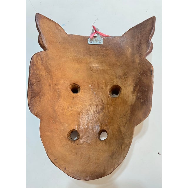 Wood Mid 20th Century Thai Hand-Carved Wood Stylized Boar Folk Art Wall Mask For Sale - Image 7 of 12