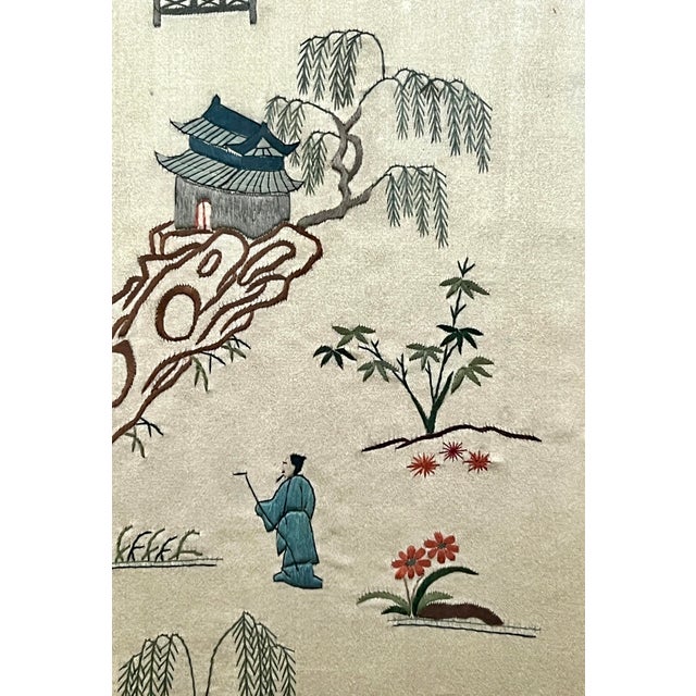 Khaki MId Century Chinese Hand Embroidered Silk on Gold Silk Figural & Landscaped Framed Wall Hangings / Panels, a Pair For Sale - Image 8 of 8