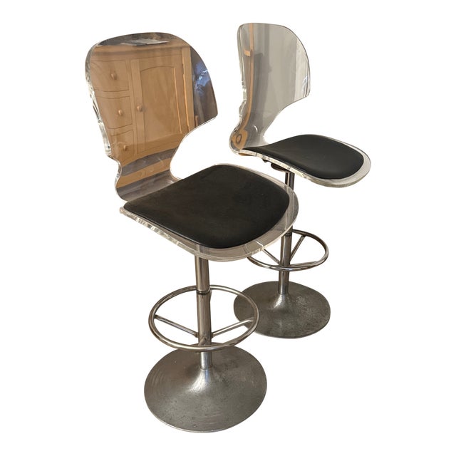 Pair of 1970s Postmodern Swivel Lucite and Chrome Barstools From Hill Manufacturing For Sale