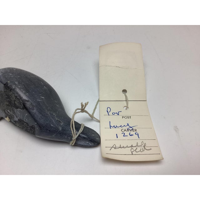 Eskimo Art, Inuit Hand Carved Soapstone Seal Sculpture Signed With Tag For Sale - Image 4 of 4