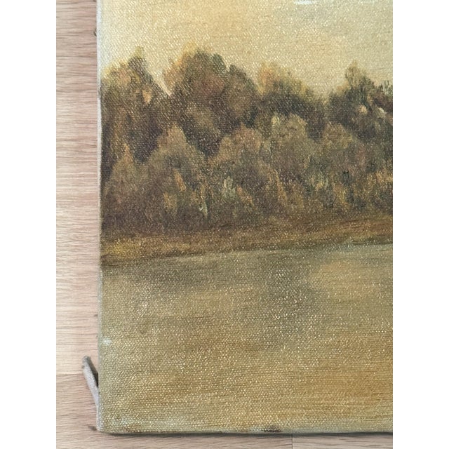 American Vintage Original Landscape Oil Painting on Canvas, Waterfront Cottage Scene For Sale - Image 3 of 5