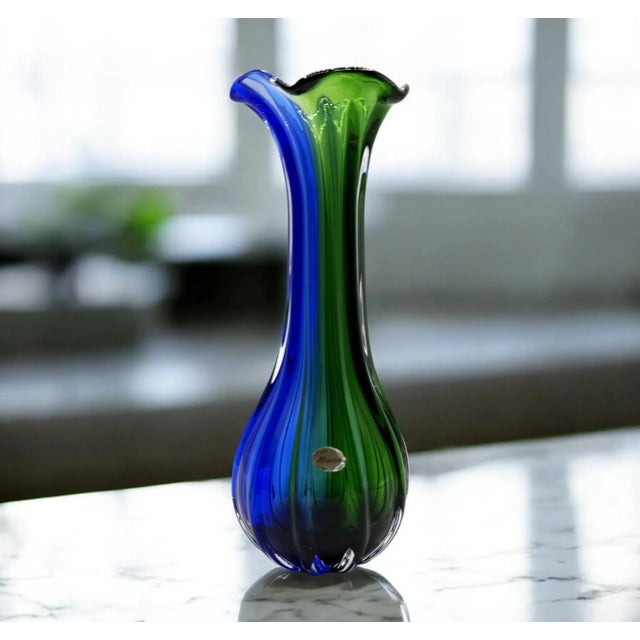 Green and Blue Ribbed Murano Glass Vase, 1960s For Sale - Image 10 of 10