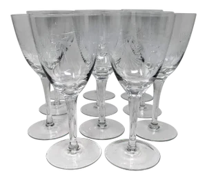 Hungarian Wine Glasses With Wheel Cut Daisy Flowers and Leaves - Set of 11