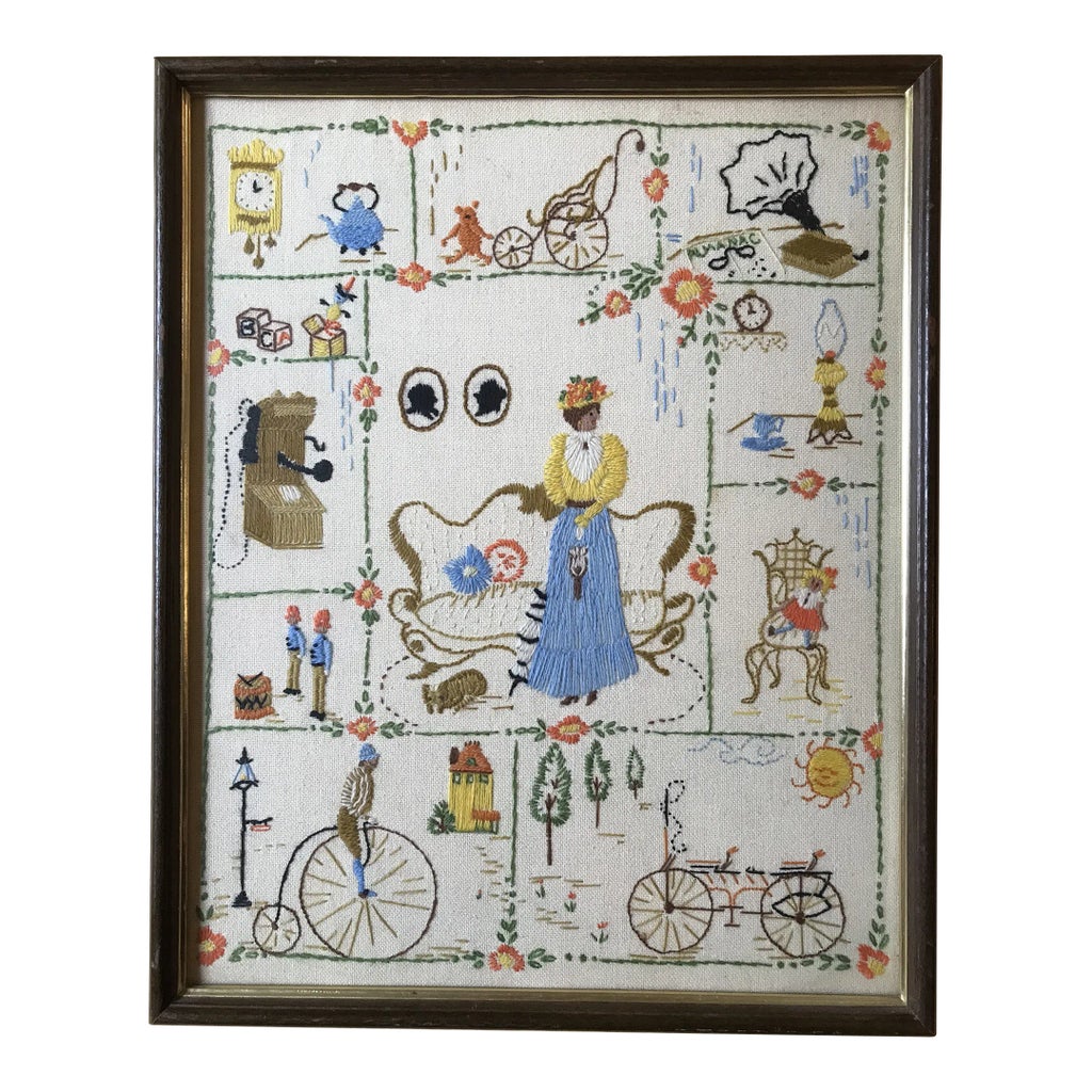 Broderie Crewel Ancienne Encadrée - Scène Renaissance Homme & Femme 19x24.25 Pouces