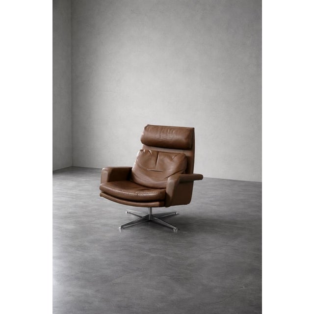 1970s Set of Mid-Century Modern Danish Brown Leather Swivel Chair & Ottoman, 1970s For Sale - Image 5 of 18