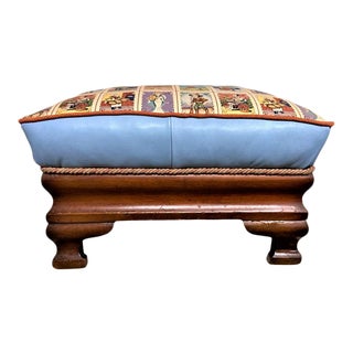 19th Century "Porfiriato" Antique Ottoman With Mexican Loteria Fabric For Sale