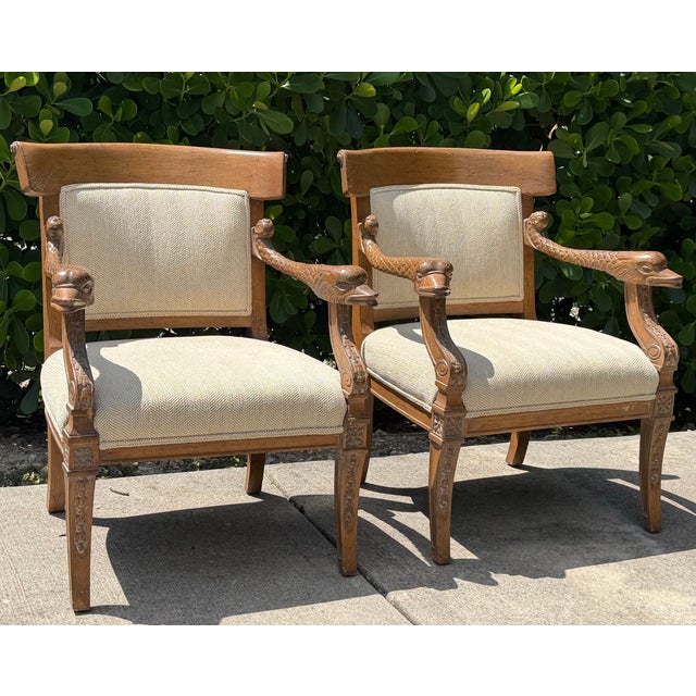 Hollywood Regency Vintage Neoclassical Carved Dolphin Armchairs, Pair For Sale - Image 3 of 16