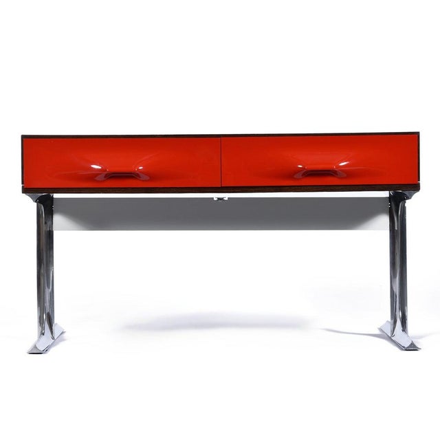 DF-2000 Rosewood Chrome Red Plastic Drawer TV Stereo Console from Raymond Loewy For Sale - Image 13 of 13