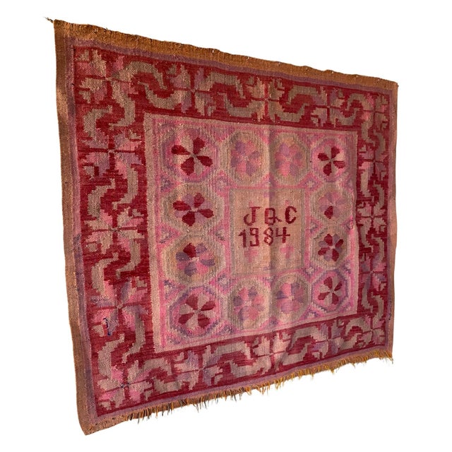 This expressive Peruvian textile is a dated 1984 Andean folk weaving, handwoven in wool and prominently signed with the...