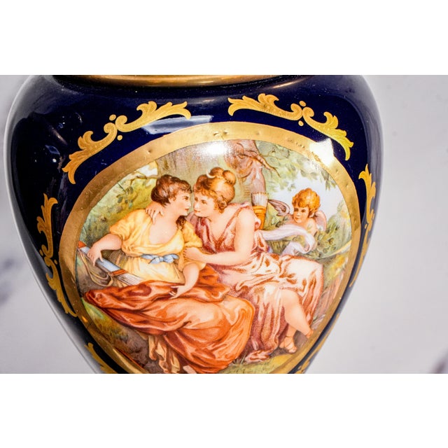 Ornate Decorative Pair Antique Italian Blue and Gold Hand Painted Urns Classical Scenes Mythology Home Decor For Sale In New York - Image 6 of 18