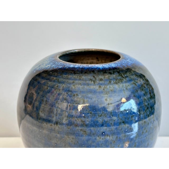 Black Studio Ceramic Spherical Vase with Blue Flowing Glaze, Germany, 1970s For Sale - Image 8 of 15