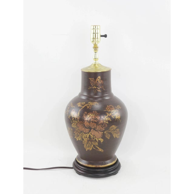 Black Vintage Vintage Vase Table Lamp With Painted Peonies on Dark Background For Sale - Image 8 of 8