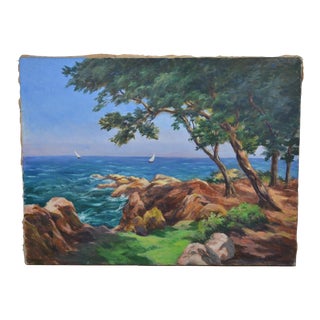 French School Early 20th Century G. Perrin "The Seaside" Oil Painting on Canvas, Signed For Sale