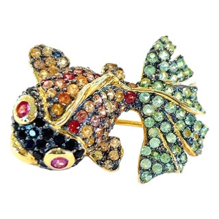Bochic "Orient" Vintage Fancy Color Sapphire Brooch Set in 18K Gold & Silver For Sale