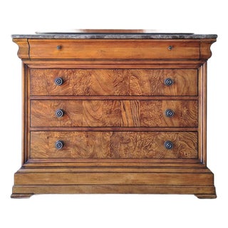 Burl and Mahogany Wood Louis Philippe Chest / Commode With Marble Top by Ethan Allen For Sale