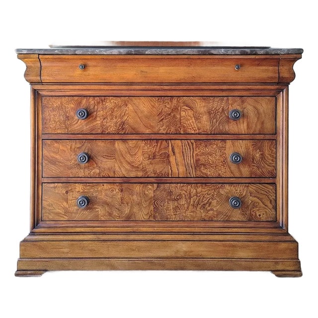 Burl and Mahogany Wood Louis Philippe Chest / Commode With Marble Top by Ethan Allen For Sale