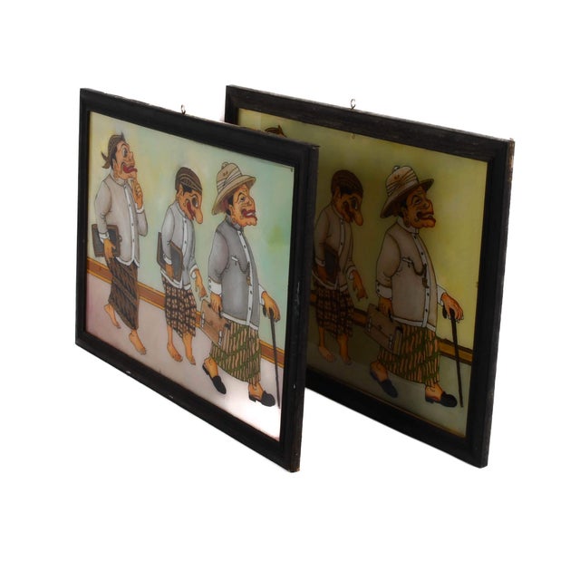 Framed Pair of Punakawan Reverse Glass Painting Scholars' Stroll For Sale - Image 4 of 14