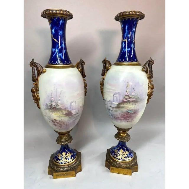 Manufacture de Sevres Pair of 19th-Century French Sevres Porcelain Vases With Gilded Bronze Mounts For Sale - Image 4 of 12