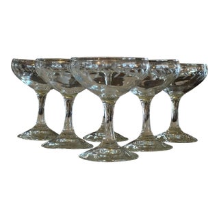 Vintage 1960s Etched Glass Champagne Coupes Set of 6 For Sale